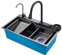 МОЙКА Diadonna PRO 750*450*200 Цвет Черный, Верх-3.0 мм, чаша 0,8мм. с сифоном 3 1/2" (Ринзер, доска, смес. с выт. шл., кран д/п-ой воды, поддоны - 2)