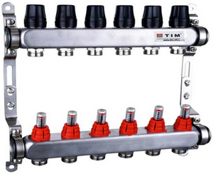 Коллекторная группа TIM НЕРЖ с расходом. 1", БЕЗ кранов и нак-ков 4вых (КВАДРАТ) KDS5004